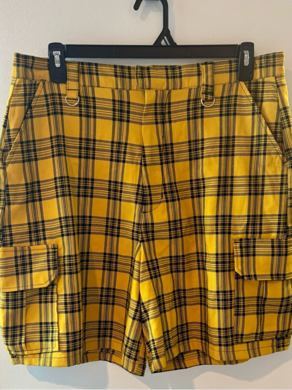 Yellow Plaid Cargo Shorts with Strap